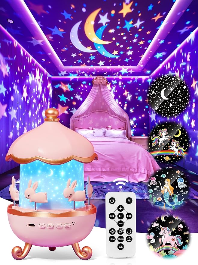 Carousel Night Light for Kids, 15 Music+15 Films+315 Colors Star Projector for Kids Night Light Projector, 360°+Remote+1200mah Unicorn Toys for Girls Room Decor, Baby Learning Toys Easter Gifts Bunny