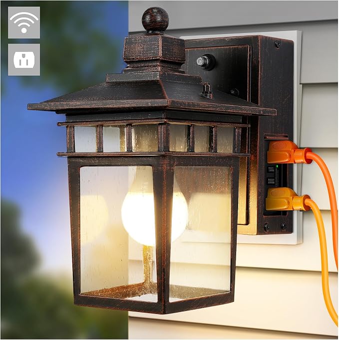 Outdoor Light with GFCI Outlet Antique Black and Bronze Gold,Dusk to Dawn Porch Lights Outdoor,Waterproof Exterior Wall Light Fixture,Aluminum Wall Sconce,Front Door Light Outside Lights for House