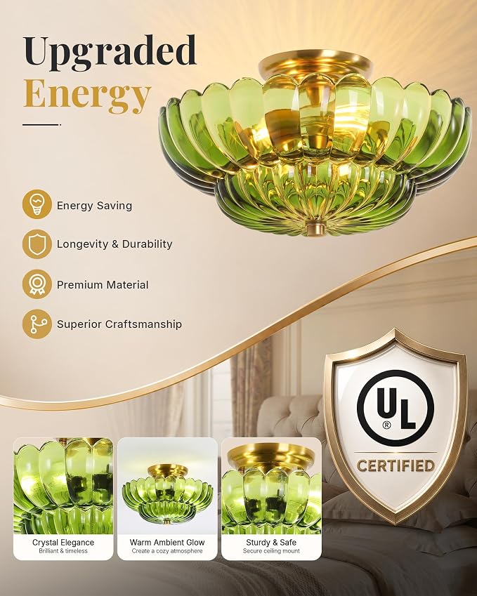 Semi Flush Mount Ceiling Light Fixture 14" Vinatge Gold Ceiling Lights Mid Century Modern Green Glass Close to Ceiling Lighting Fixtures for Bedroom Hallway Kitchen Laundry Room Bathroom