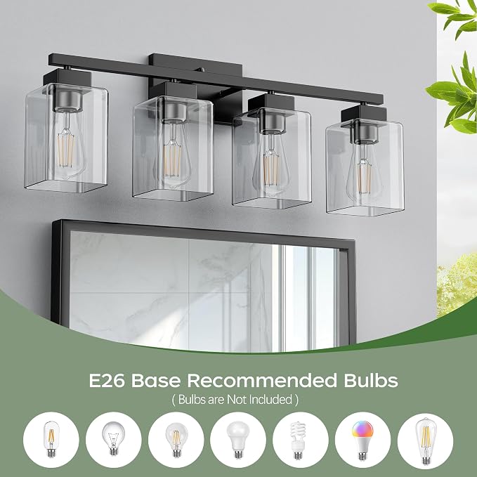 4-Light Bathroom Light Fixtures, Matte Black Modern Vanity Lights, Bathroom Lighting Fixtures Over Mirror, Square Design Farmhouse Wall Sconces with Clear Glass Shades