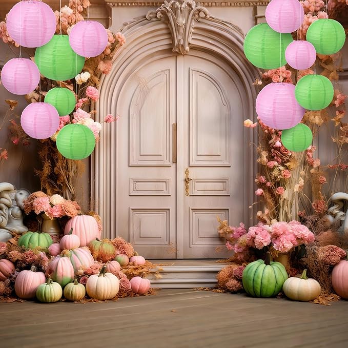 Pelopy 18 Pcs Paper Lanterns 4/6/8/12 Inches Round Chinese Japanese Paper Lanterns for Indoor New Year Valentine's Day Wedding Birthday Party Decorations(Pink and Green,4/6/ 8/12 Inch)