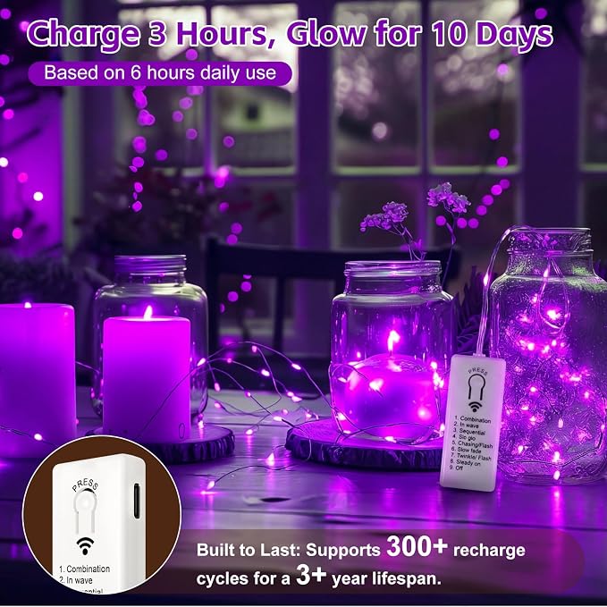 6 Pack Rechargeable Fairy Lights,7ft 20LEDs, Remote & DIY Timer | Dimmable Silver Wire, Mini Twinkle Lights, For Mason Jar, Indoor Christmas Bedroom Wedding Decor, Purple