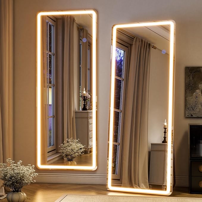 LED Full Length Mirror, 64"x21" Lighted Floor Mirror with Stand | Dimming & 3 Color Lighting, Wall Mounted Leaning Hanging Large Standing Full Body Mirror for Bedroom, Cloak Room, White