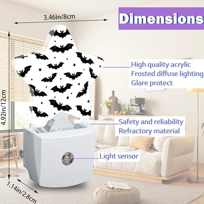 Black Bat Night Light for Kids,Gothic Night Lights Plug Into Wall, Lightweight Dusk to Dawn Light Sensor Warm Nightlights for Girls Boys Bedroom Nursery Basement