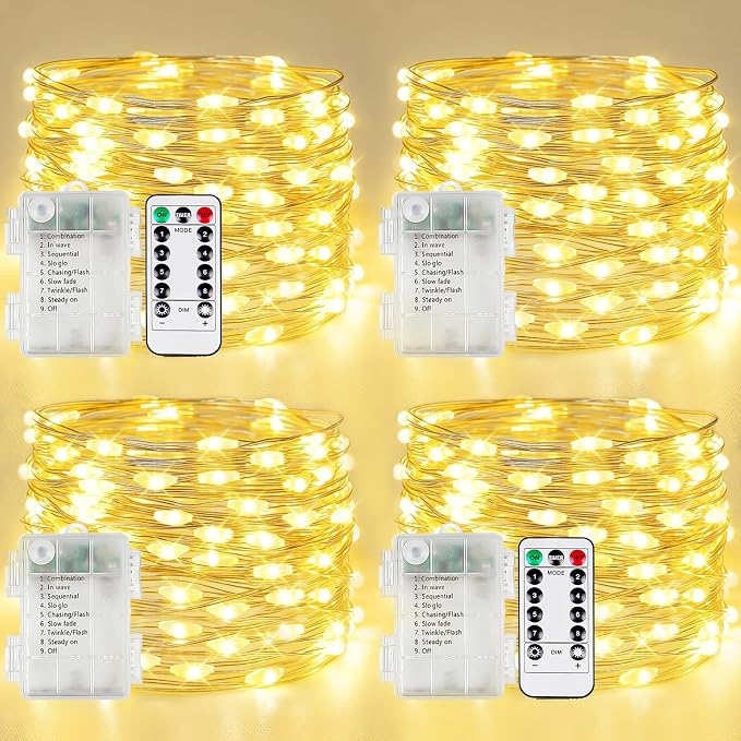 4 Pack Fairy Lights Battery Operated with Remote 120 LED 40 FT Warm White | Twinkle String Light with 8 Modes Timer and IP44 Waterproof for Indoor Outdoor Wedding Anniversary Birthday Party Decorations
