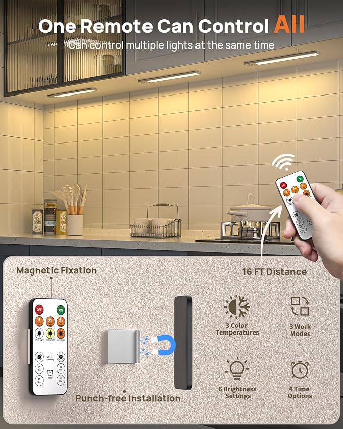 16inch Under Cabinet Lighting Wireless 3 Pack, Rechargeable Motion Sensor Light Indoor, Closet Lights with Remote, 3 Color Temps & Dimmable, Magnetic Under Counter Lights for Kitchen, Stairs, Pantry
