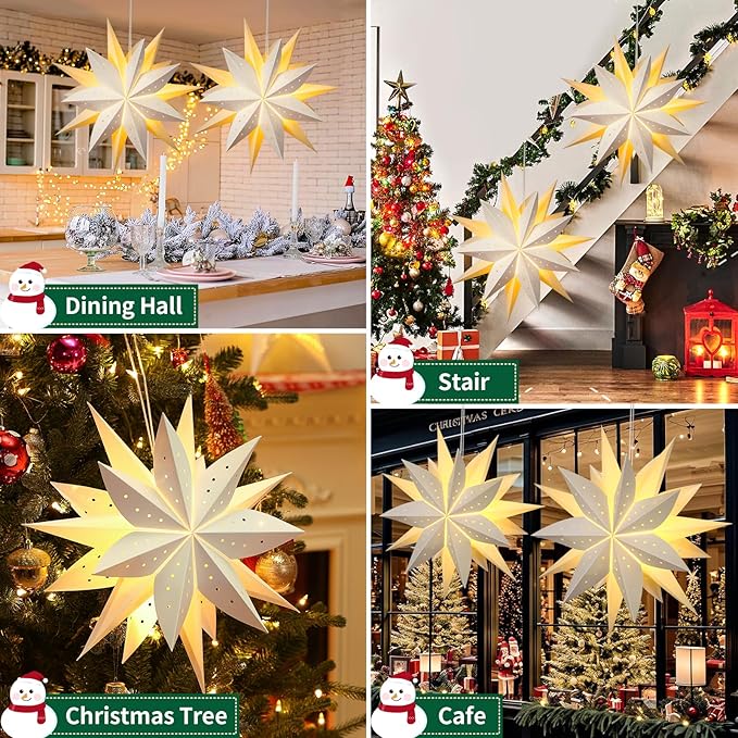 Lewondr Christmas Paper Star Lantern, 2PCS Hanging Star Lights with 8 Lighting Modes, 4 Levels Dimming, 6 Hour Timer Function, LED Paper Lanterns with Remote Control for Holiday Home Decoration