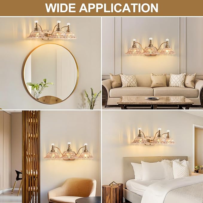 Vintage Bathroom Vanity Light Fixtures, 3-Light Matte Brass Finish Vanity Light with Flower-Shaped Amber Glass Shades, Retro Wall Sconce for Mirror, Powder Room, Bedroom