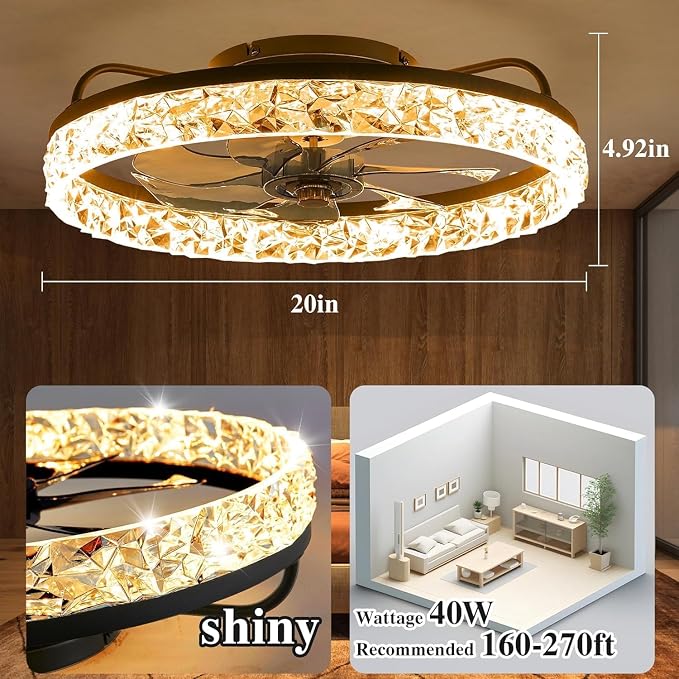 Ceiling Fans with Lights and Remote Fandelier - Low Profile Modern - 20'' Flush Mount Ceiling Fans for Bedroom,Stepless Color Temperature and 6 Speeds- Black and Crystal