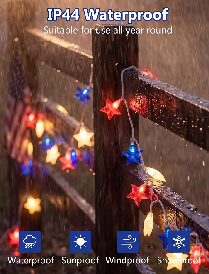 8.5Ft Red White and Blue Star Lights, 4th of July String Lights Plug in | 10 Five Star LED Bulbs, Connectable, Fourth of July Decorations for Independence Day Patriotic Party, White Wire
