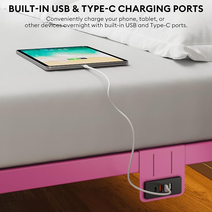 Full Size Bed Frame with Headboard - Metal Platform Bed with LED Lights, Charging Station, Under Bed Storage and Heavy Duty Steel Slats Support - No Box Spring Needed, Easy Assembly, Pink