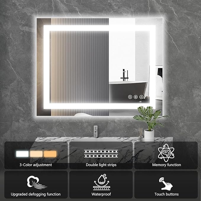 NEWBULIG 24X32 Inch LED Bathroom Wall Mirror with Lights, Light up Vanity Bathroom Mirror for Over Sink, Anti-Fog and Dimmable, Front Light and Backlit, Memory Function, Shatter-Proof, White