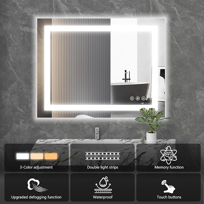 Sweetcrispy 24"x 32" Smart Anti-Fog LED Bathroom Mirror with Lights and Front Light & Backlit, 3 Color Temperatures, Dimmable, Memory Function, Rectangle Modern Vanity Mirror