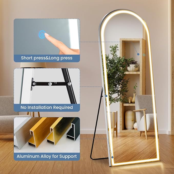 26"x71" Arched LED Full Length Mirror with Stand, Full Body Mirror | LED Lights 3 Color Lighting, Wall Hanging or Leaning, Floor Standing, Modern Simple Home Wall Decor