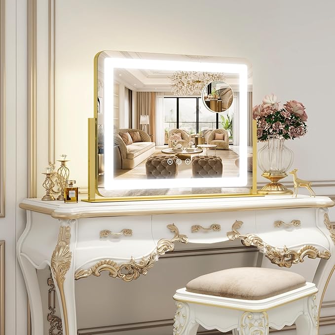 ROLOVE Gold Vanity Mirror with Lights - Smart Touch Dimming, 3-Color Lighting, 360° Rotatable Desktop Makeup Mirror for Desk, 22"x17"