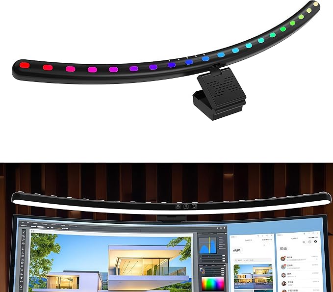Curved Screen Light Bar Pro – RGB Music-Synced Ambient Lighting for 24”+ Monitors, Anti-Glare Desk Lamp with Touch Control, Stepless Dimming & Heavy-Duty Clamp