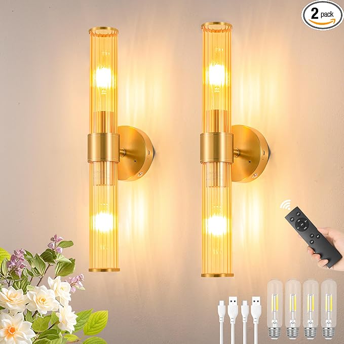 Morauroral Gold Battery Operated Wall Sconces Set of 2, Rechargeable Wall Lights with Remote Control, 20 Inch Modern Wireless Wall Lamp for Bedroom, Living Room with Amber Shade (Bulbs Included)