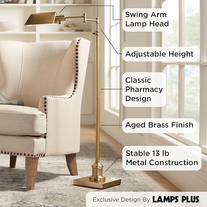 Jenson Adjustable Height Brass Swing Arm Pharmacy 54" Tall Floor Lamp | Traditional Farmhouse Metal Aged Shade Standing Pole Light for Living Room Reading House Bedroom Home Office