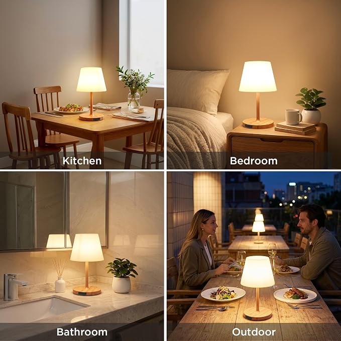 LUTEC Shower Lamp Waterproof, 6000mAh Rechargeable Cordless Table Lamp with 3 Color Temps and Stepless Dimming, Touch Control & Portable LED Nightlight for Bathroom, Desk, Outdoor(Wood Grain)