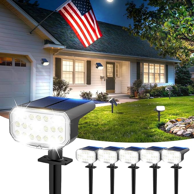 JEJOT Solar Lights Outdoor Waterproof IP65, Super Bright LED with Lens, 6500K 2 Lighting Modes, Solar Powered Yard Garden Solar Spot Lights for Outside Landscape Auto On/Off - 6 Pack