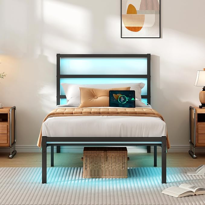 CLIBFENG Twin Bed Frame with Headboard,Heavy Duty Steel Slats Support-LED Bed Frame with USB Charging Station,Mattress Foundation-Under Bed Storage,No Box Spring Needed,Noise Free，Black