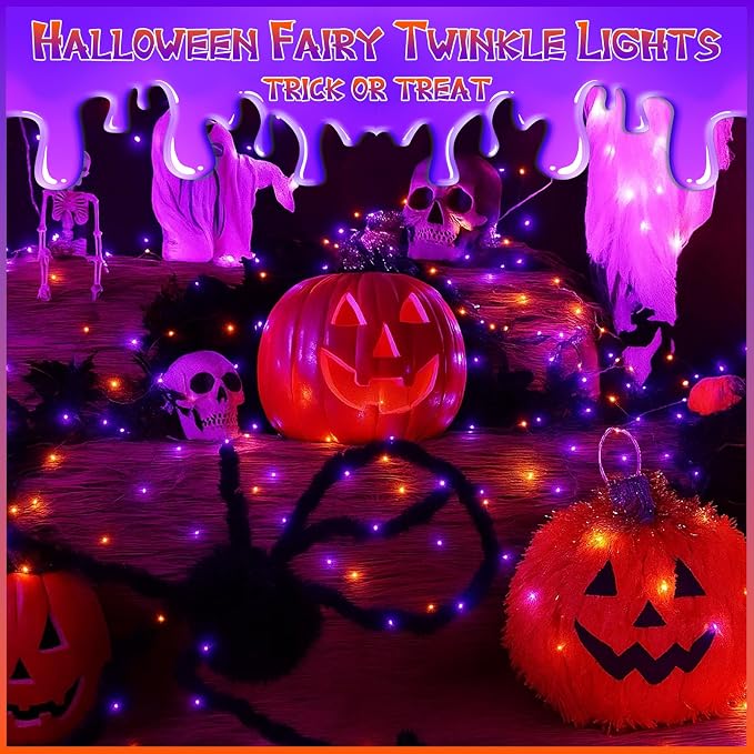 66FT 200 LED Fairy Lights Plug in, 8 Modes Twinkle Lights Purple and Orange | Waterproof String Lights Outdoor Indoor, Memory, Timer, Copper Wire, Halloween Lights for Bedroom Garden Party Holiday Decor