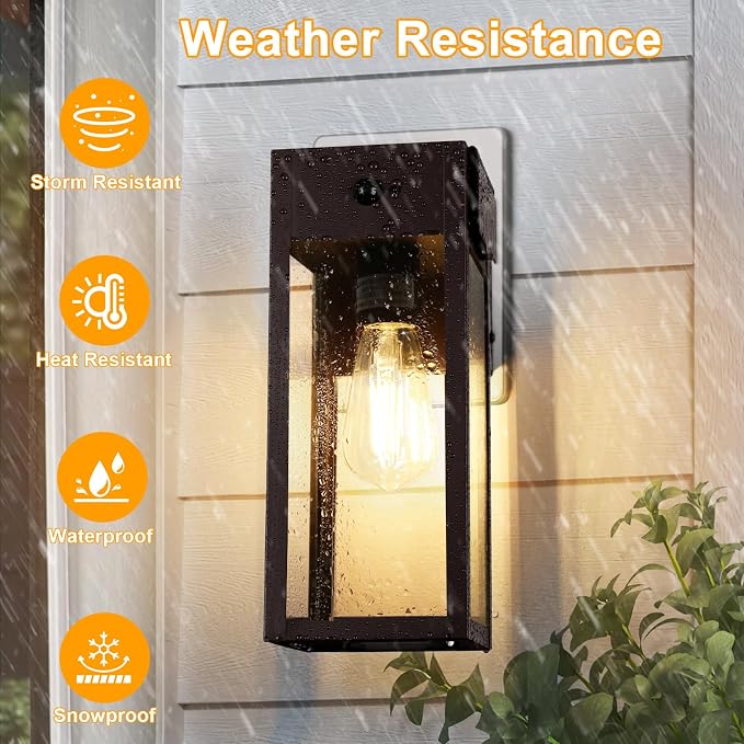 Porch Lights with GFCI Outlet, Motion Sensor Outdoor Lights | Dusk to Dawn, Anti-Rust, Waterproof, Tempered Glass, Easy Installation, E26 Socket, Exterior Lighting for Patio, Brown