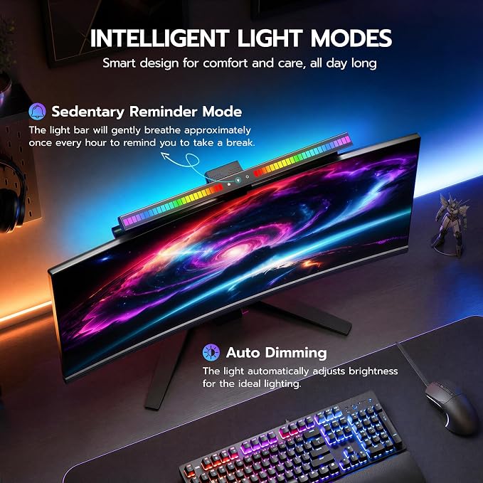 ARES WING Monitor Light Bar with Music Sync, 2-Bar 3-Source RGB Lightbar | 7 Modes Gaming Backlight, CCT Adjustable & Stepless Dimming Fronlight, Eye-Care Computer Light, USB Desk Lamp for Home Office
