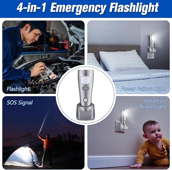 Enhon 3 Pack 4 in 1 LED Emergency Lights for Home Power Failure,Silver | Rechargeable plug-in flashlight, motion sensor night light, auto turn-on during blackout, hurricane supplies