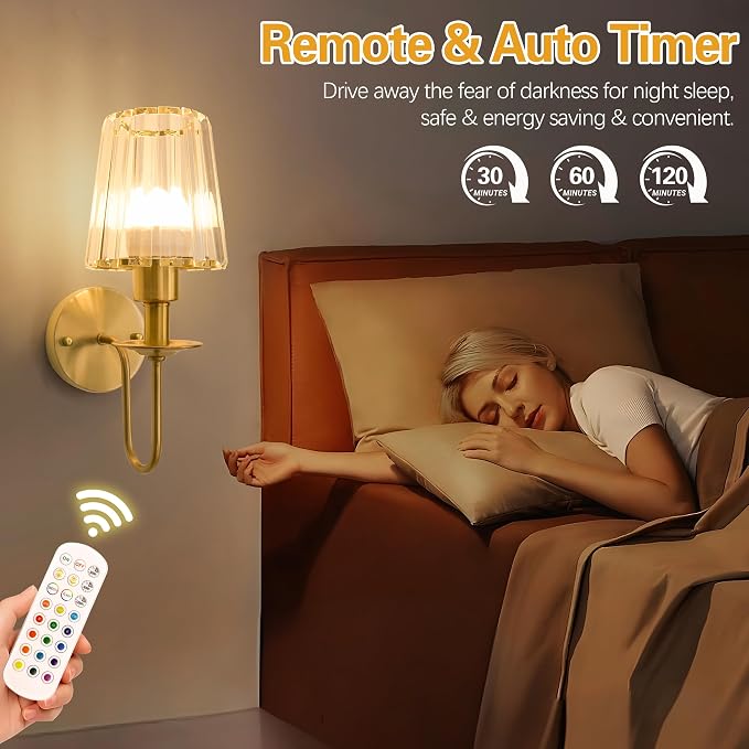 Battery Operated Wall Sconces Set of 2, Gold Crystal Wall Lights | 5200mAh rechargeable wall lights with magnetic bulbs, remote control, 15 colors, 10-level dimming and timer for bedrooms