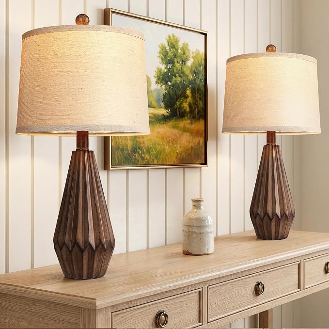 Hamucd Set of 2 Modern Farmhouse Lamp for Living Room, Rustic Resin Beside Table Lamps with Linen Shade, Vintage Lamps for Nightstands Bedroom Entryway Decor