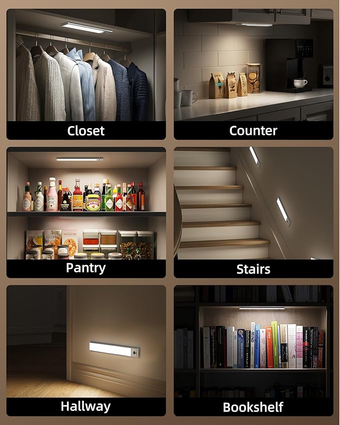 EZVALO 4-Pack Under Cabinet Lights, 2400mAh Rechargeable Motion Sensor Light Indoor, Wireless Closet Lights Battery Operated, with 3 Color Temps, Dimmable, Magnetic, for Kitchen, Stair, Pantry(8inch)