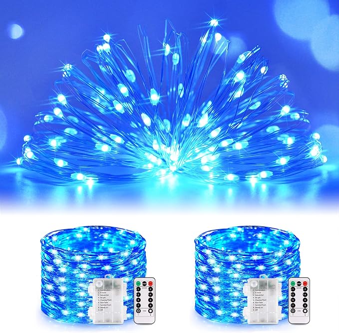 JMEXSUSS 2 Pack Fairy Lights Battery Operated, Total 200 LED 66ft, Blue | Christmas Lights with Remote & Timer, Waterproof Blue Twinkle String Lights for Bedroom Dorm Indoor Outdoor Party Tree Decor