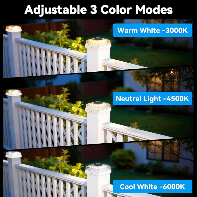Solar Post Cap Lights for 4x4 Wood/Vinyl Posts 16-Pack, White | 4x4 Post Solar Lights, IP65 Waterproof, 10-12 Hours of Illumination with 3 Lighting Modes for Garden/Patio/Porch