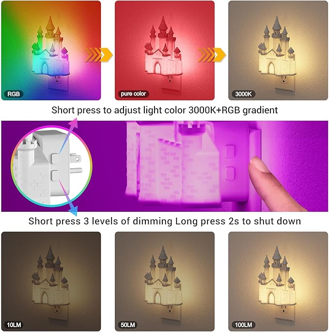 JandCase Night Lights Plug into Wall,3D Printed Castle RGB Night Light,10-Color Change Night Light,Dimmable Nightlights with Dusk to Dawn Sensor for Rooms Bathroom Hallway