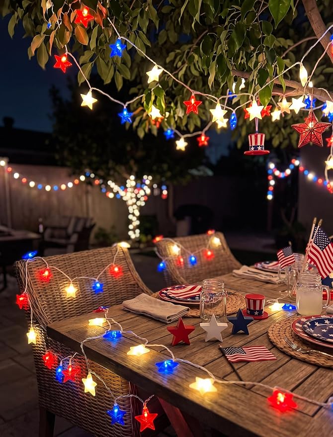 8.5Ft Red White and Blue Star Lights, 4th of July String Lights Plug in | 10 Five Star LED Bulbs, Connectable, Fourth of July Decorations for Independence Day Patriotic Party, White Wire