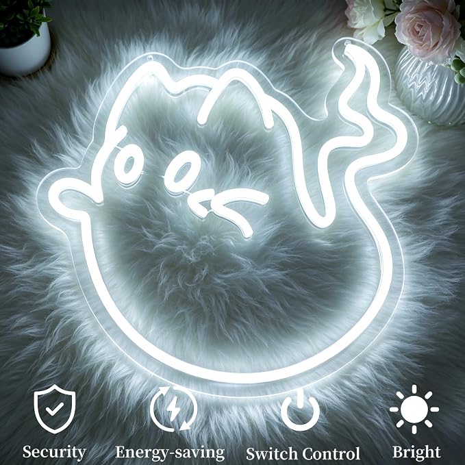 Cat Ghost Neon Sign Led Sign Neon Signs for Wall Decor Neon Lights | Cat Ghost Led Light Up Sign, White Room Decor, Boys Girls Gift, Party, Halloween Wall Decor, 5V USB Powered