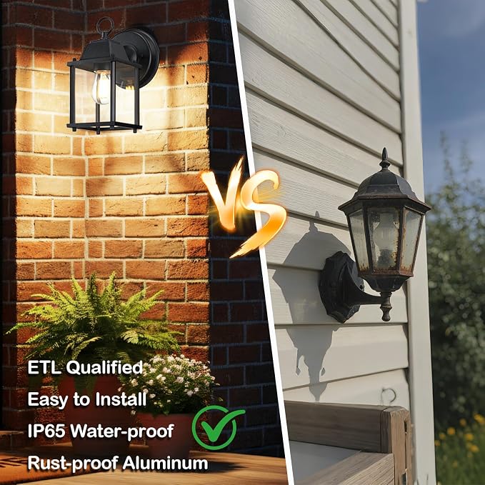Outdoor Wall Light Fixture, Rustproof Aluminum, Clear Glass | Exterior Porch Light Wall Sconce Lantern for House, Patio, Garage, Waterproof, E26 Socket 60W Max, Black, 1 Pack