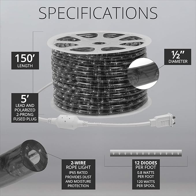 Wintergreen Lighting 150ft 1800 LED Heavy Duty Green Rope Light Kit - Flexible LED Light Rope for Outdoor & Bedroom, 120V, Inch, 2-Wire