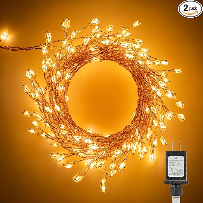 Minetom Fairy Lights Plug in, String Lights for Christmas Decorations | 10FT 200LEDs, 2 Pack, Warm White, Waterproof Starry Firecracker Lights for Bedroom Ceiling Wreath Window Wedding Decorations