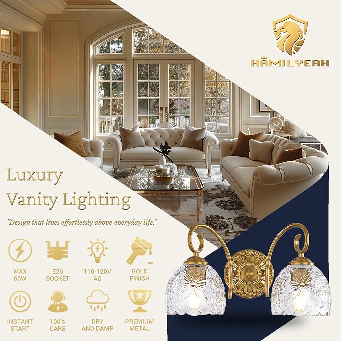 Hamilyeah Gold 2-Light Vanity Bathroom Light Fixtures Over Mirror, Vintage Vanity Lights Wall Sconce Light Fixture for Bathroom Vanity, Bedroom, Hallway, Farmhouse Bathroom Lighting