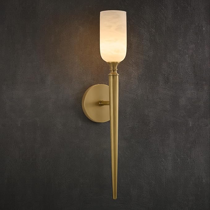 21.6" Natural Alabaster Sconce, Vintage Brass Marble Wall Light | Natural Spanish Alabaster, Vintage Inspired Design, Unique Marble Veining, Elegant Brass Finish, Statement Indoor Wall Accent