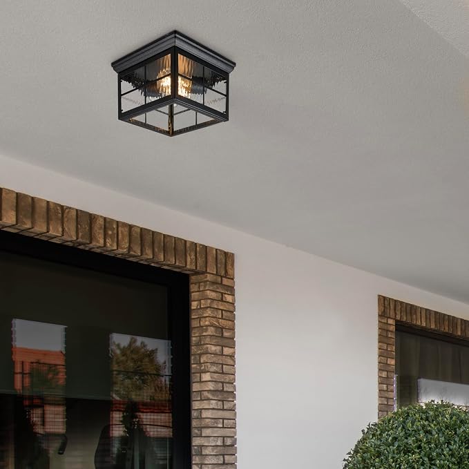 Maxxima Outdoor Flush Mount Ceiling Light Fixture, Black with Water Glass | Square Farmhouse Porch or Patio Light, Close to Ceiling Entryway, Bulbs Not Included, 2-Light, E26
