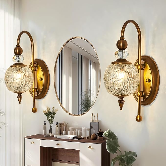 Piepooye Vintage Gold Wall Sconce Set of Two Mid Century Brushed Brass with Glass Globe Shade Vanity Light Indoor G9 Bulb Wall Light for Bathroom Farmhouse Bedroom Living Room Hallway