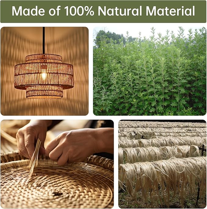 12.4” Boho Rattan Pendant Light Fixture for Dining Room, 1-Light Black Chandelier Farmhouse Rustic Hanging Lamp for Kitchen Island, Bedroom, Living Room, Entryway, Foyer, Hallway
