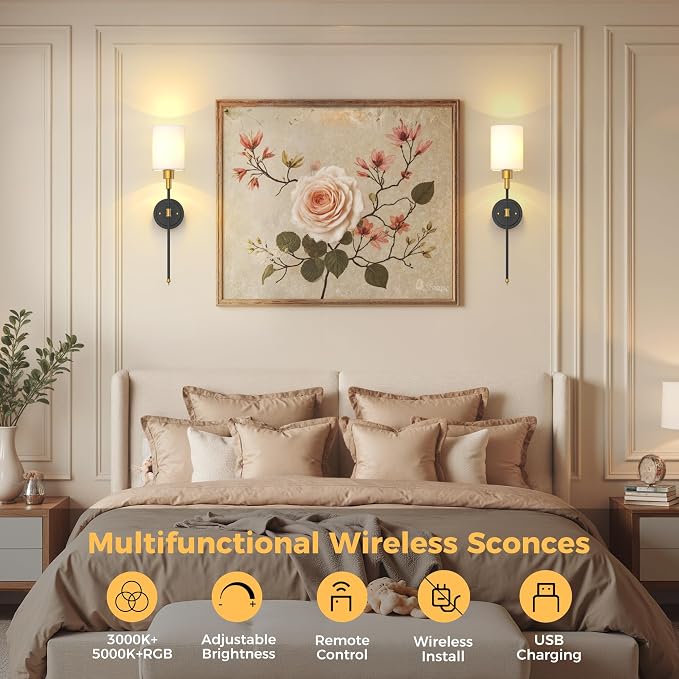 Battery Operated Wall Sconce: Set of 2 Wireless Wall Lights with 12000mAh | 15 Color Rechargeable Wall Sconces, Not Harwired Sconce Wall Decor Set of 2 for Bedroom, Living Room, Gold and Black 24.3in