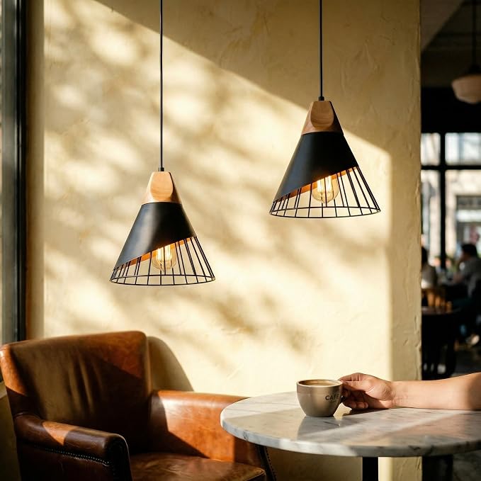 Pendant Lights Kitchen Black 2 Pack,Industrial Modern Lighting Hanging Lamps,Wood Dome Minimalist Industrial Ceiling Hanging Lights for Kitchen Island,Dining Room,Living Room,Bedroom,Hallway