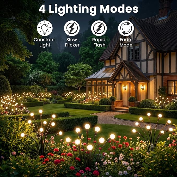Solar Lights Outdoor(10 Pack,80 LEDs),Solar Lights Outdoor Waterproof for Garden Decor,4 Modes Firefly Light for Outdoor Decor,Big Bulb High Lumens Patio Decor,Sway by Wind,Gardening Gifts for Women
