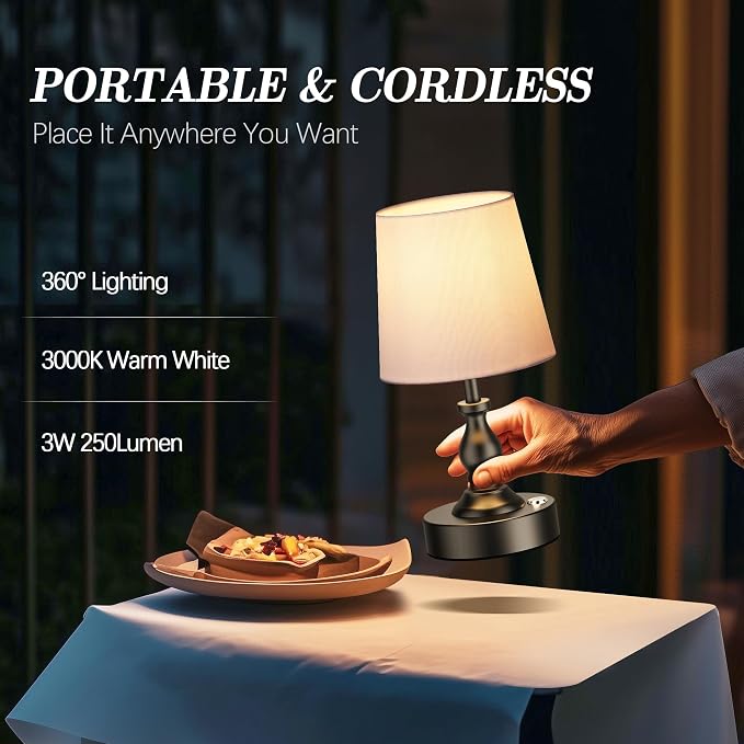 Mini Cordless LED Table Lamp, 5200mAh Rechargeable Battery Operated Lamp, 3-Level Brightness, Touch Dimmable Desk Lamp, Bedside Night Light for Patio Camping Restaurant Home, Matte Black