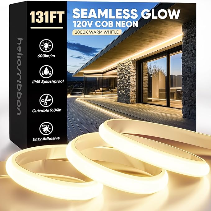 COB Led Neon Rope Lights 131ft 2800K Warm White, 110-120V Outdoor Waterproof Lighting Strip 600lm/m Super Bright, Cuttable and Adhesive, for Roof Bedroom Garden Commercial